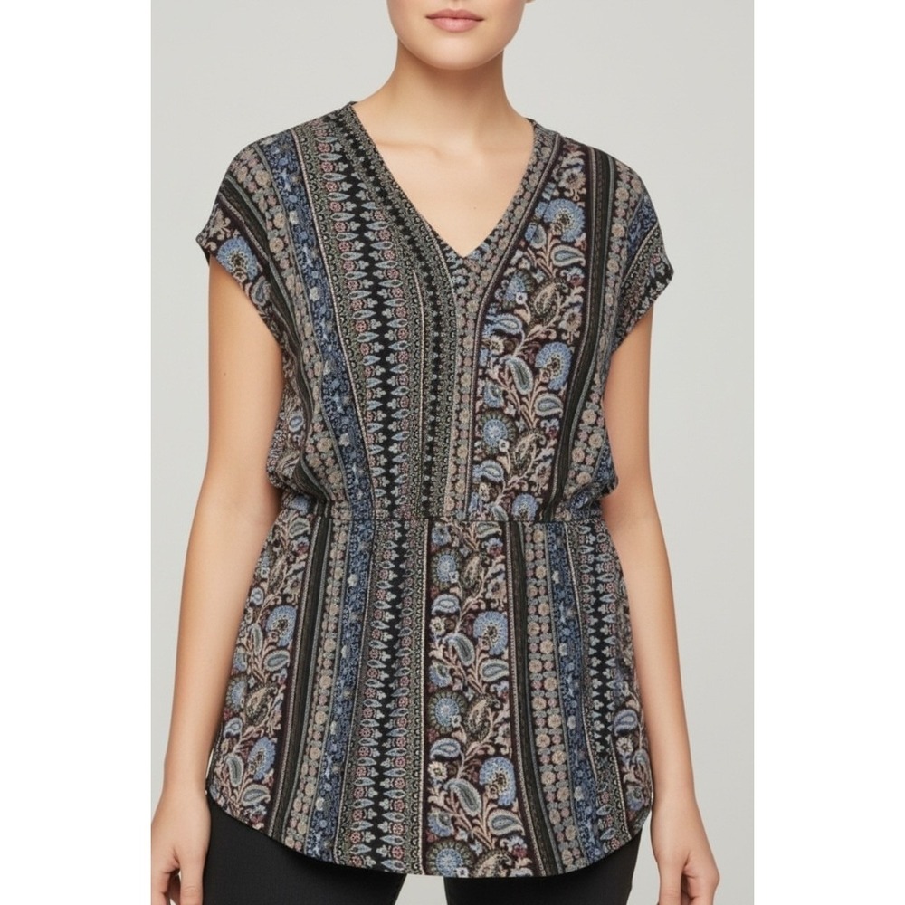 Liz Claiborne Womens 1X Paisley Floral V-Neck Short Sleeve Peplum Tunic Top
